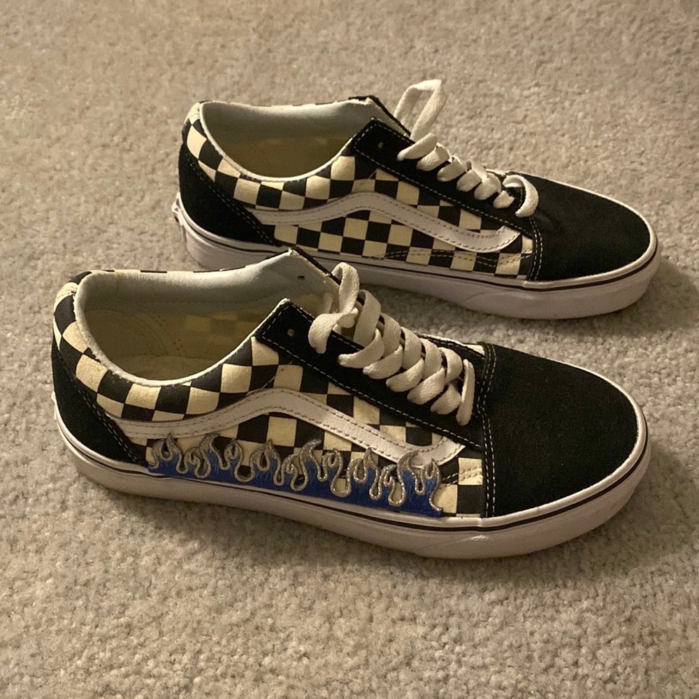Blue flame checkered vans